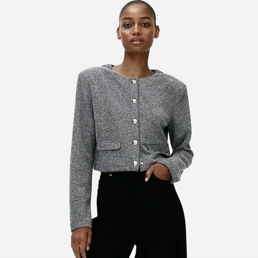 Chic Gray Button-Up Jacket With Shoulder Pads